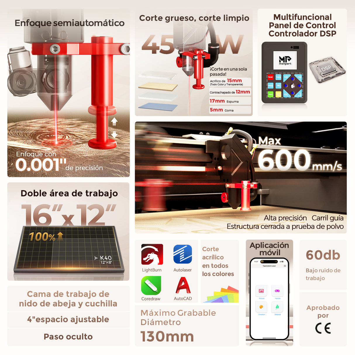 Grabador y cortador láser de CO2 de escritorio Monport Reno45 Pro de 45 W (16" x 12") con enfoque semiautomático completamente nuevo